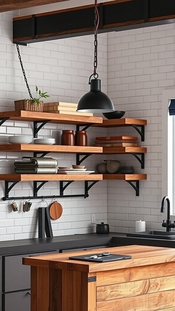 Uma cozinha industrial estilo loft com prateleiras de madeira abertas com suportes de ferro preto, uma ilha de madeira e iluminação pendente elegante.