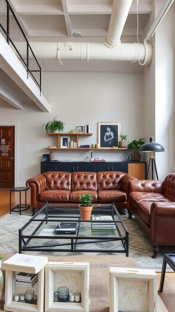 Um loft industrial com sofá de couro, móveis de metal e decoração elegante.