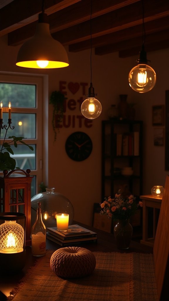 Uma sala aconchegante com várias fontes de luz, incluindo luminárias pendentes, velas e uma lanterna decorativa.