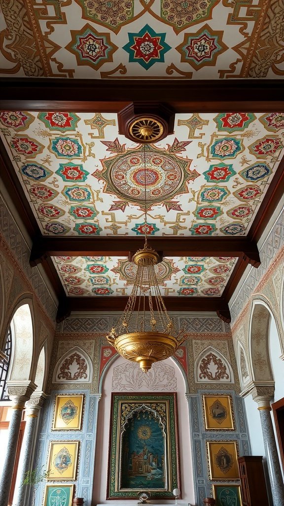 Teto intrincado de inspiração marroquina com padrões coloridos e um lustre dourado.