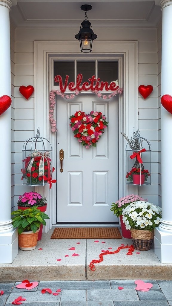 Entrada decorada para o Dia dos Namorados com guirlanda de corações, flores e pétalas de rosa.