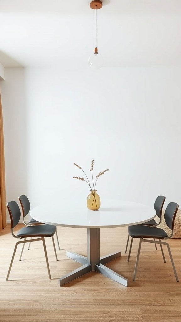 Uma área de jantar minimalista com uma mesa redonda branca com quatro cadeiras e um vaso simples de flores.