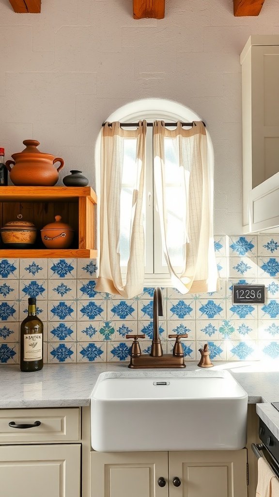 Uma cozinha aconchegante com azulejos azuis e brancos, prateleiras de madeira e uma pia de fazenda