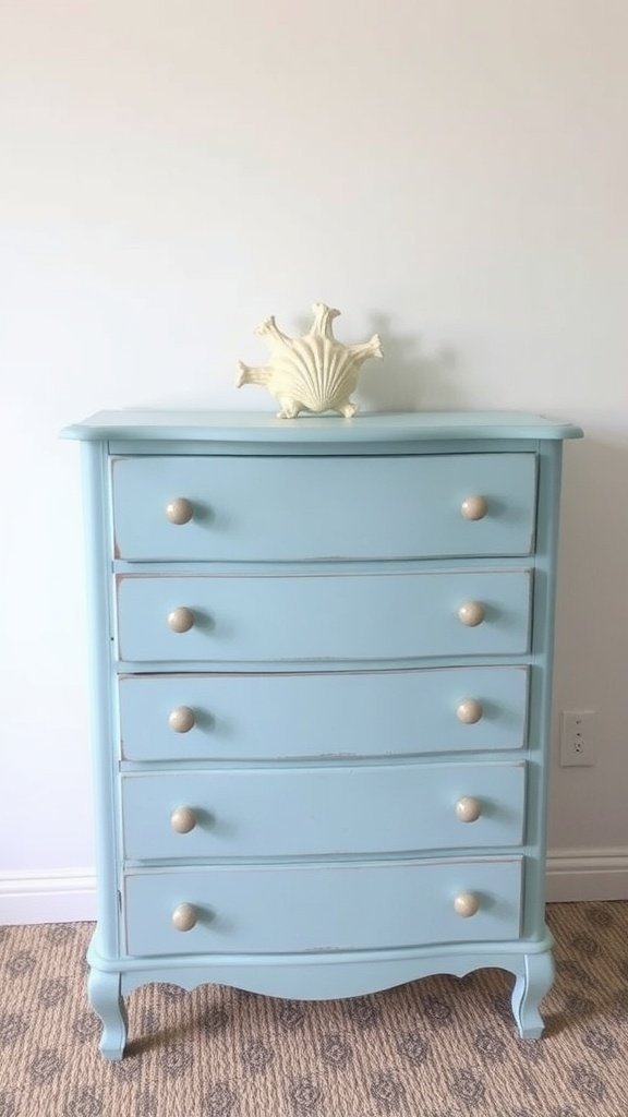Uma cômoda azul-clara com puxadores redondos de madeira e uma concha decorativa no topo.