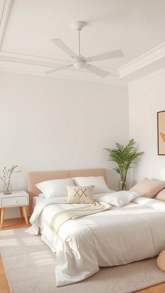 Um quarto minimalista com um esquema de cores claras, com uma colcha clara e uma planta em vaso.