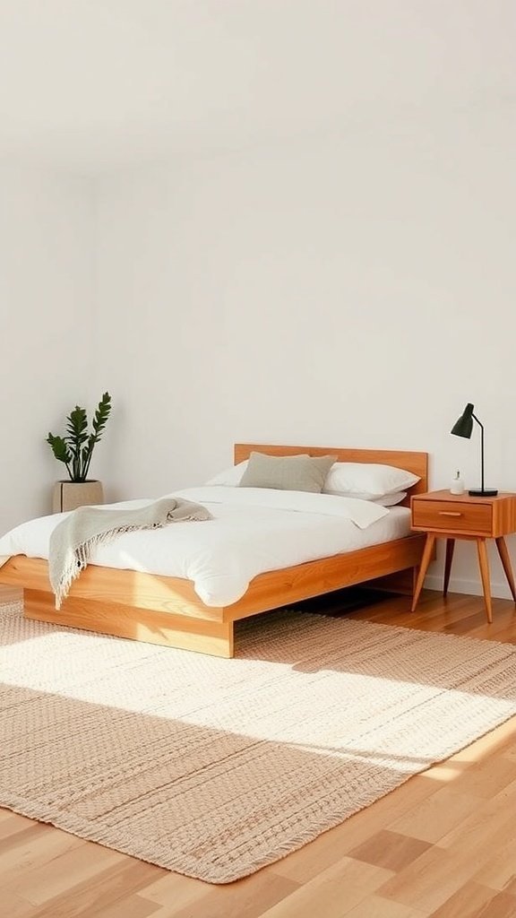 Une chambre sereine avec un cadre de lit bas en bois, une couverture douillette et un tapis tissé, créant une atmosphère détendue.