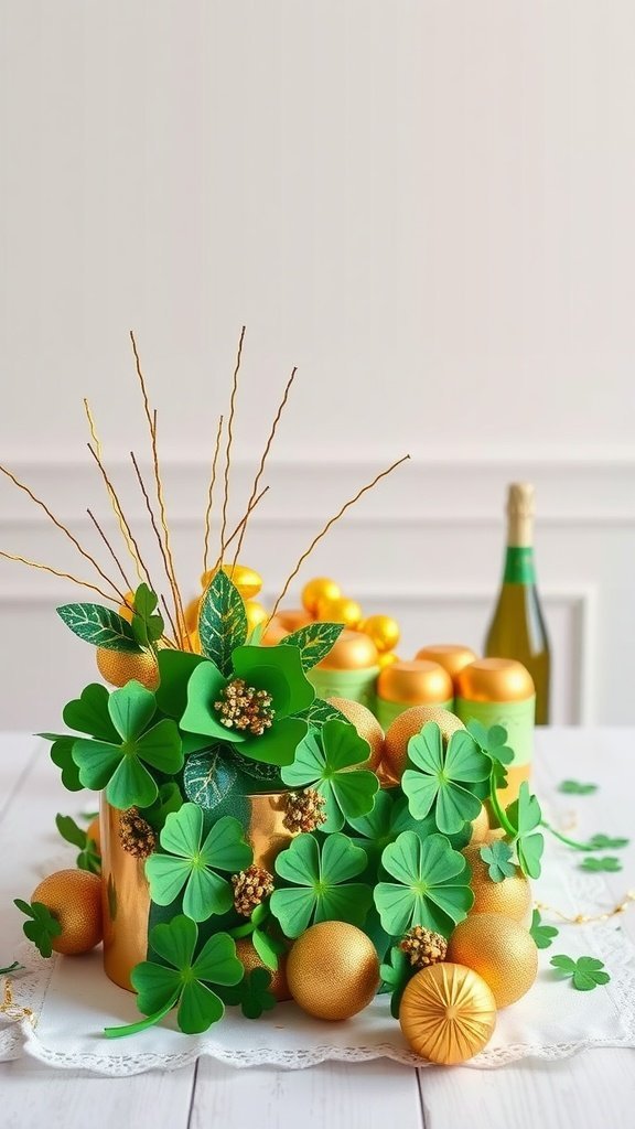 Une décoration de table joyeuse pour la Saint-Patrick avec des trèfles verts et des accents dorés.