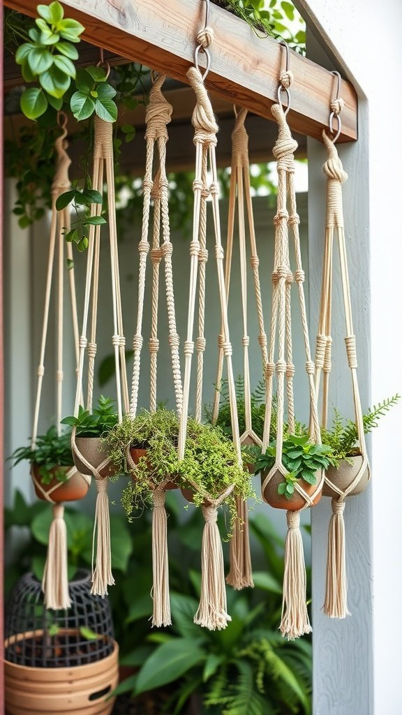 Uma coleção de suportes para plantas em macramê com diferentes plantas penduradas em um arranjo estiloso.