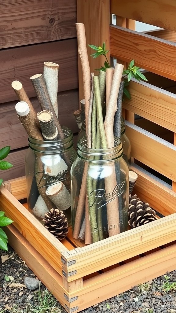 Bocaux Mason remplis de brindilles et de pommes de pin, placés dans une caisse en bois