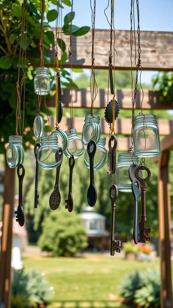 Un carillon éolien décoratif composé de pots Mason et de clés vintage, suspendu dans un jardin.