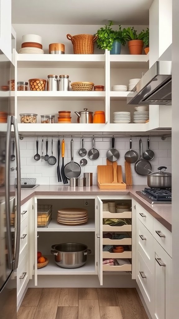 Uma cozinha bem organizada com prateleiras para potes e potes, e um armário bem organizado com gavetas deslizantes.