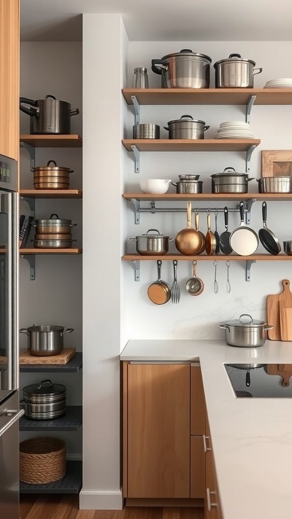 Une cuisine élégante avec des étagères ouvertes exposant des casseroles et des poêles, à côté de crochets muraux pour les ustensiles.