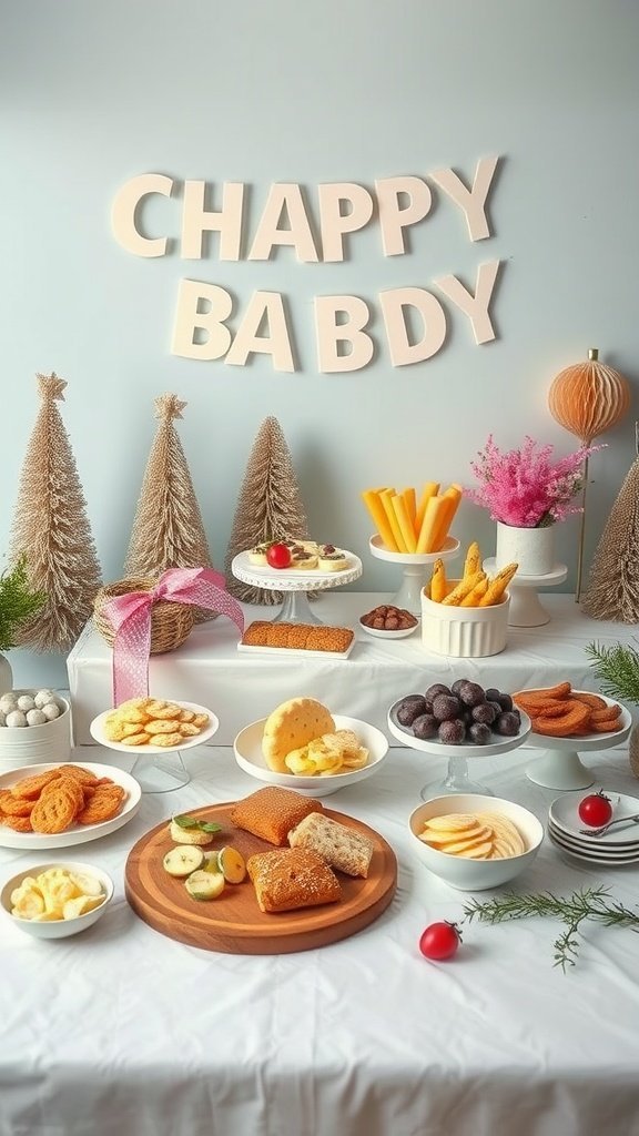 Uma mesa de lanches festiva decorada para uma festa de Ano Novo com vários lanches e decorações.