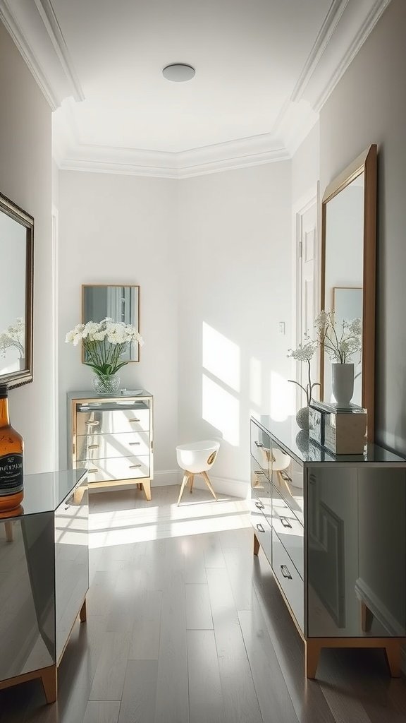 Un petit espace élégant doté de meubles en miroir, reflétant la lumière et créant de la profondeur.