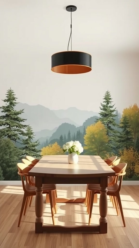 Uma área de jantar com um mural de montanhas e árvores na parede, mesa de madeira e cadeiras.
