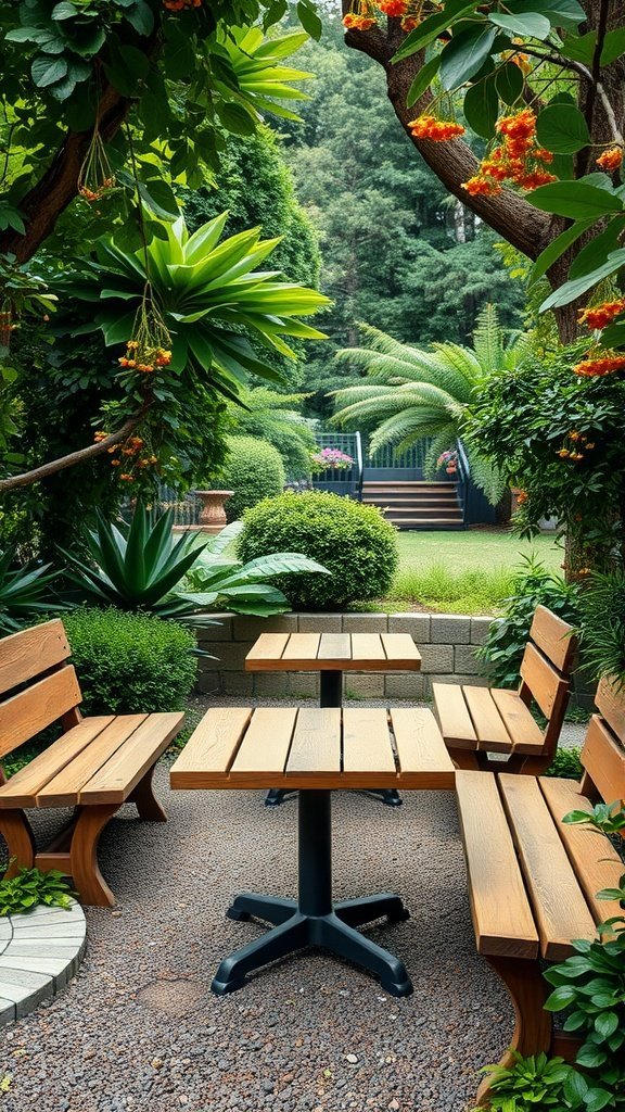 Uma aconchegante área de jardim com móveis de madeira natural cercada por uma vegetação exuberante.