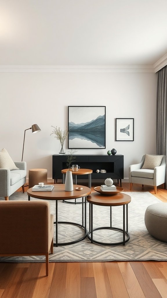 Un salon confortable avec des tables gigognes élégantes et des sièges confortables.