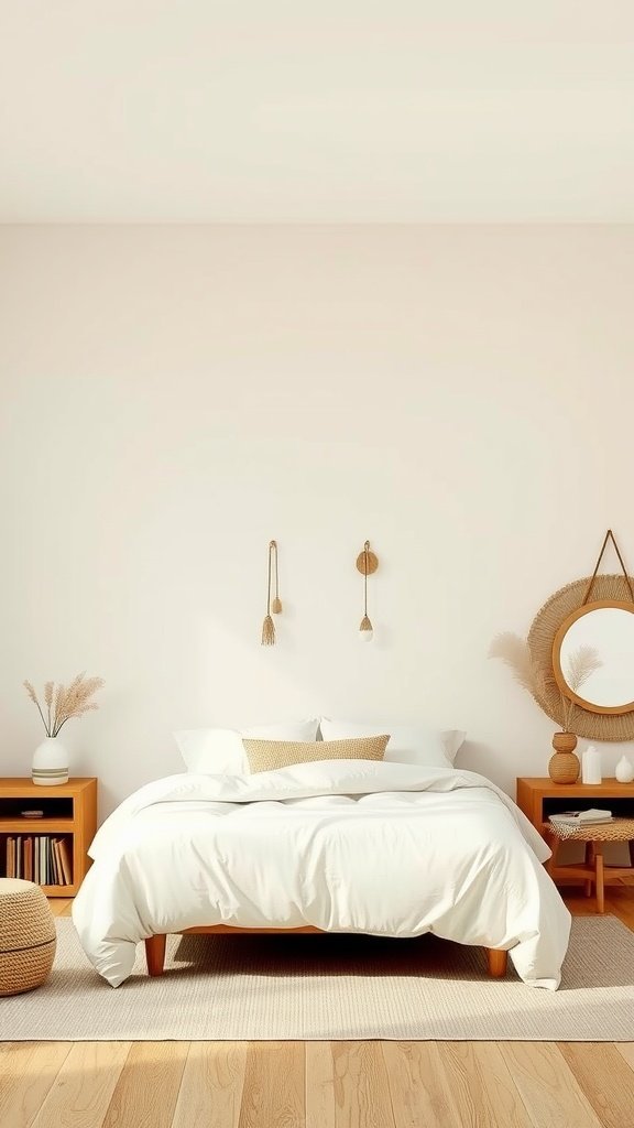 Une chambre bohème sereine avec une palette de couleurs neutres avec une literie claire et des meubles en bois.