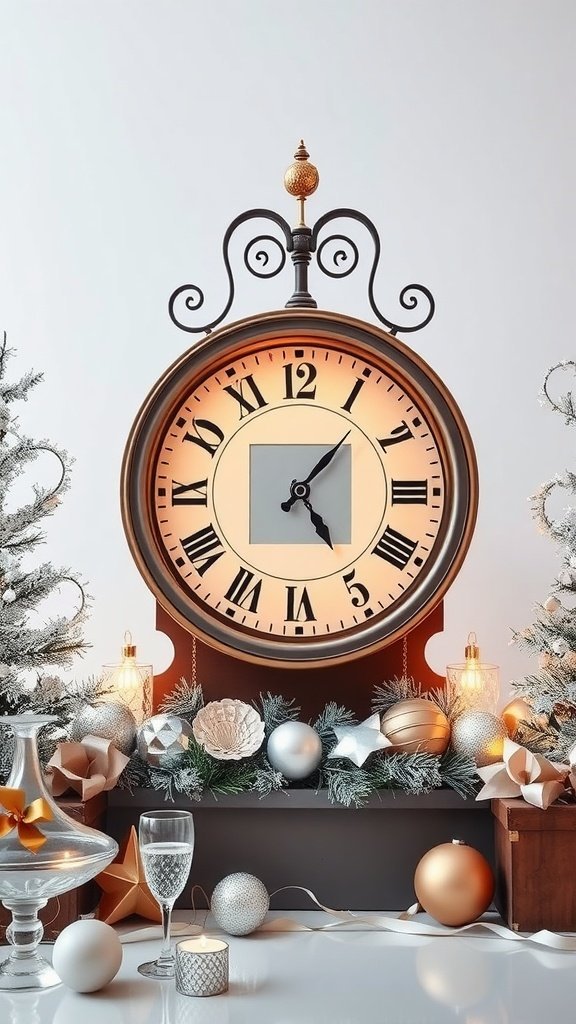 Um grande relógio de estilo vintage cercado por decorações natalinas, incluindo enfeites, velas e folhagens.