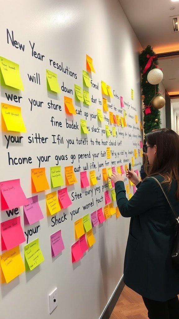 Uma mulher colando um post-it em uma parede cheia de resoluções de Ano Novo.