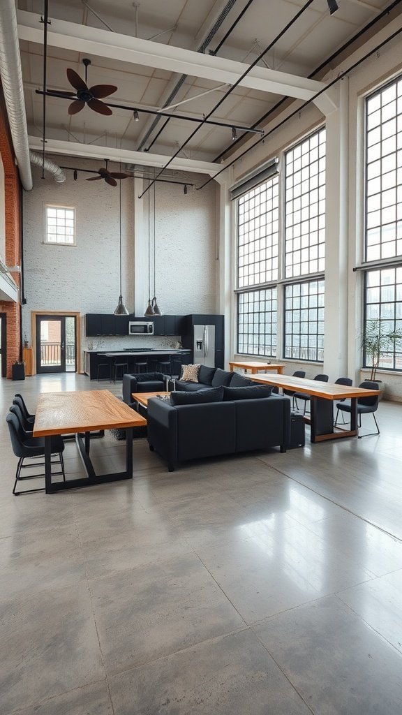 Um espaçoso loft industrial de conceito aberto com tetos altos, janelas grandes, uma cozinha moderna e móveis minimalistas.