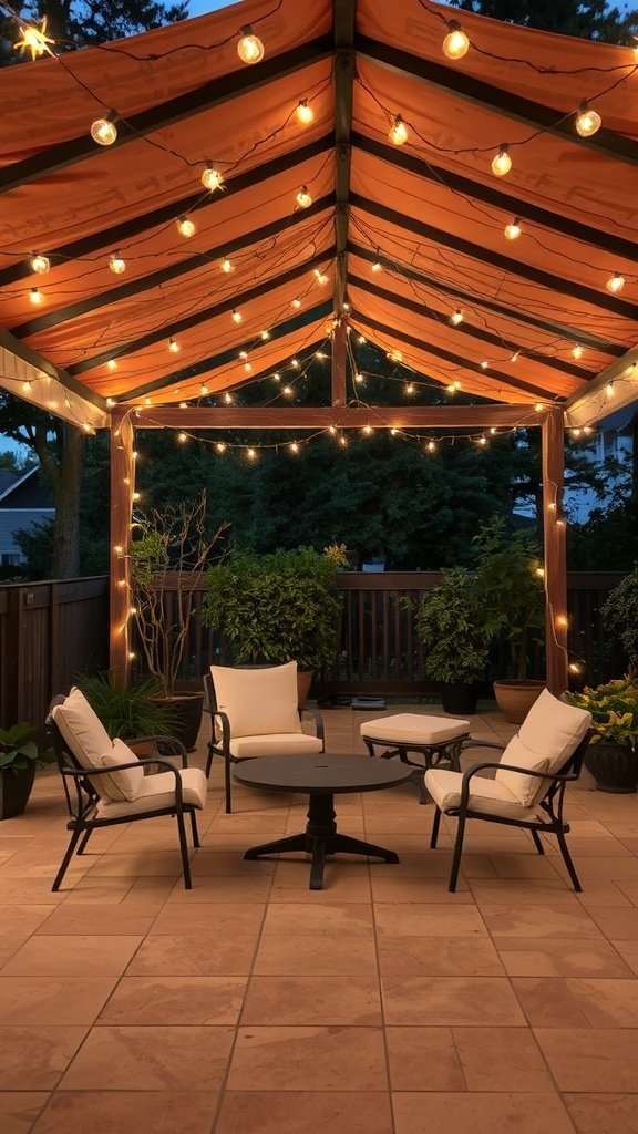 Terrasse extérieure confortable avec guirlandes lumineuses suspendues à un auvent
