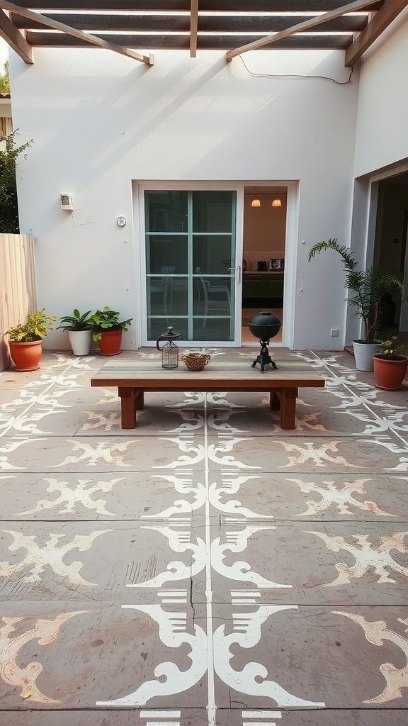 Um pátio com um desenho em estêncil no concreto, com uma mesa de madeira e plantas em vasos.