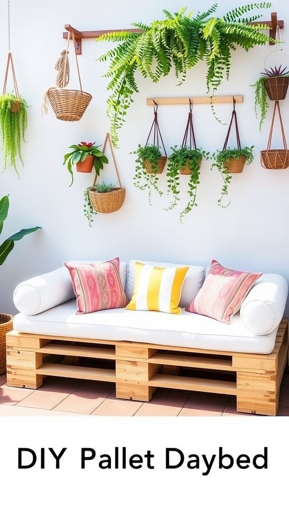 Un lit de repos confortable en palette avec des oreillers colorés entourés de plantes suspendues.