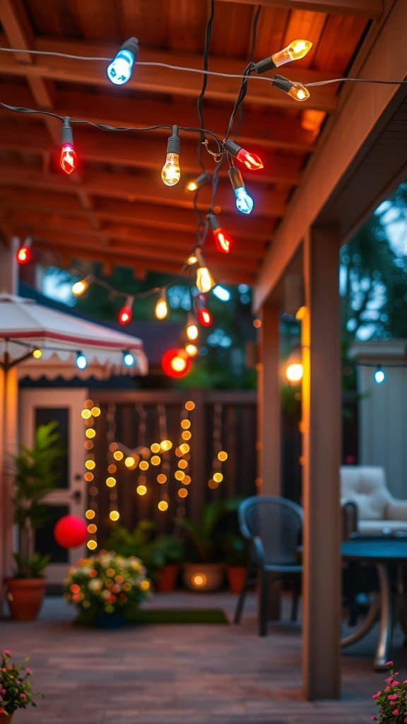 Guirlandes lumineuses colorées en rouge, blanc et bleu suspendues au-dessus d'un patio