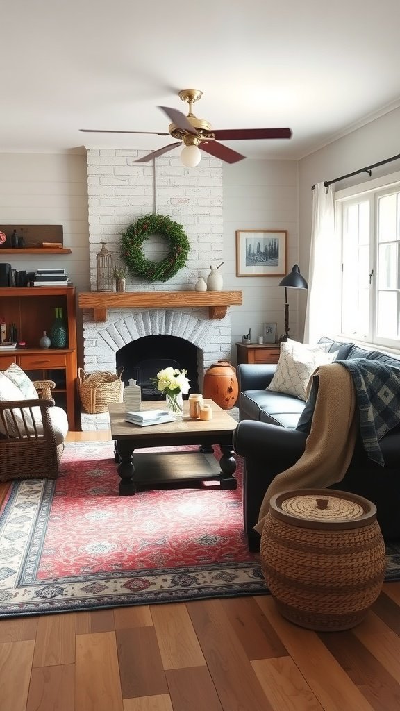 Uma sala de estar rústica com um tapete vermelho estampado, móveis aconchegantes e uma lareira aconchegante.