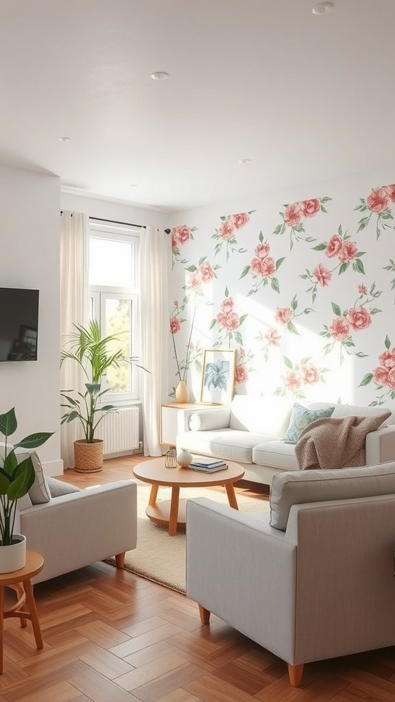 Uma área de estar aconchegante com papel de parede floral removível e colante, móveis claros e plantas.