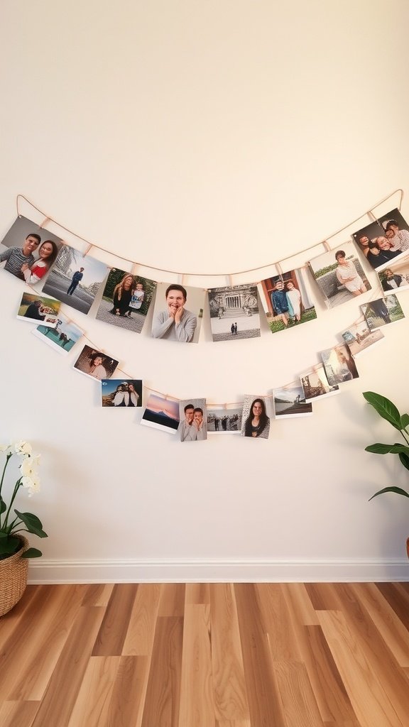 Uma guirlanda feita de várias fotos penduradas na parede.
