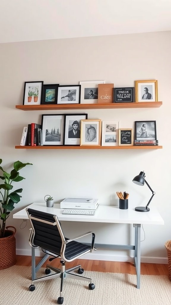 Uma elegante parede de prateleiras com quadros exibindo diversas obras de arte e fotos emolduradas.