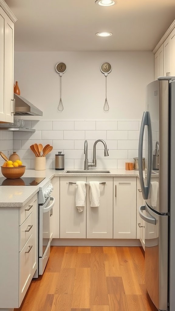 Um layout de cozinha moderno com um design limpo, com fogão, pia e geladeira dispostos em um triângulo.