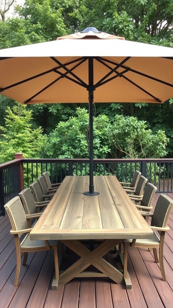 Un parasol de terrasse rectangulaire sur une longue table en bois avec huit chaises.