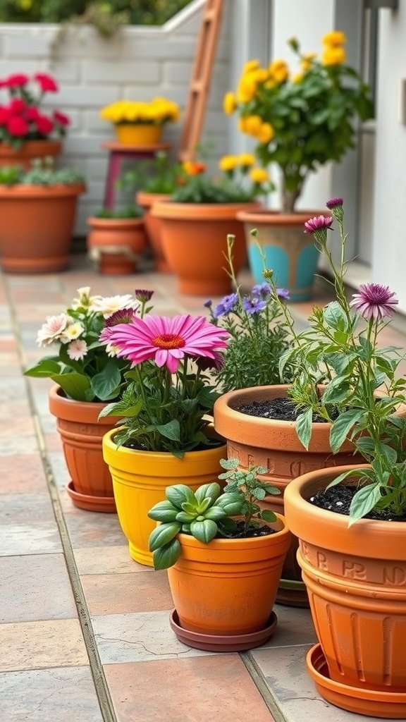 Jardineiras coloridas cheias de flores em um pátio