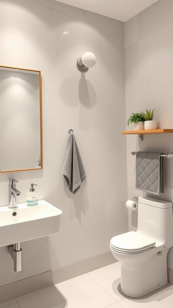 Um banheiro moderno com design clean, com pia, vaso sanitário e acessórios elegantes.