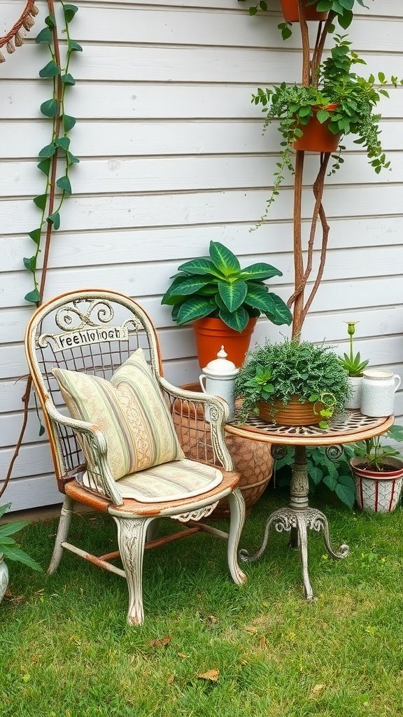 Um aconchegante espaço de jardim com uma cadeira e mesa reaproveitadas, cercado por plantas.