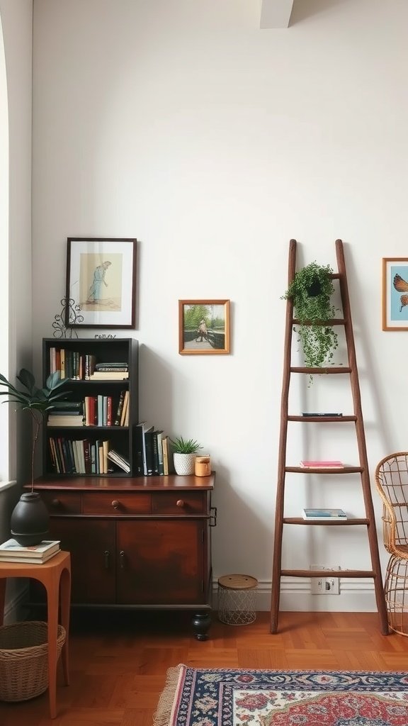 Un petit espace confortable avec des meubles réutilisés, notamment une échelle vintage et une commode en bois.