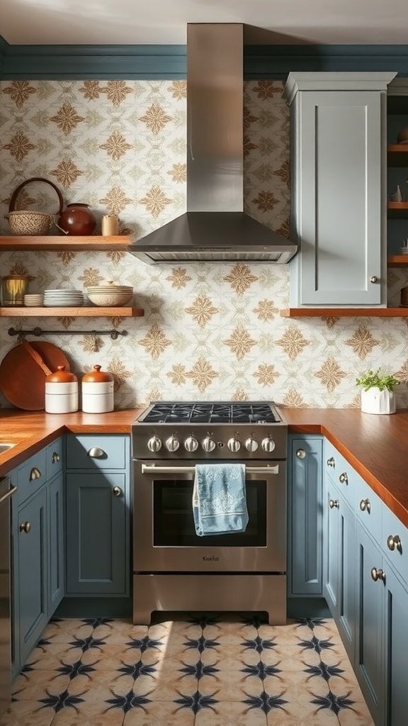 Uma cozinha moderna com azulejos de cimento retrô como backsplash, armários de madeira e eletrodomésticos elegantes.