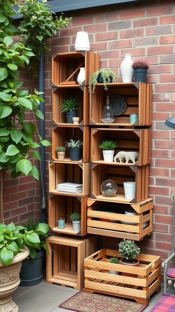 Caixas de madeira empilhadas como armazenamento e exposição de plantas na parede do pátio.
