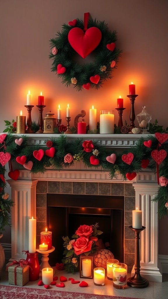 Uma lareira lindamente decorada para o Dia dos Namorados, com velas, uma guirlanda em formato de coração e pétalas de rosa.