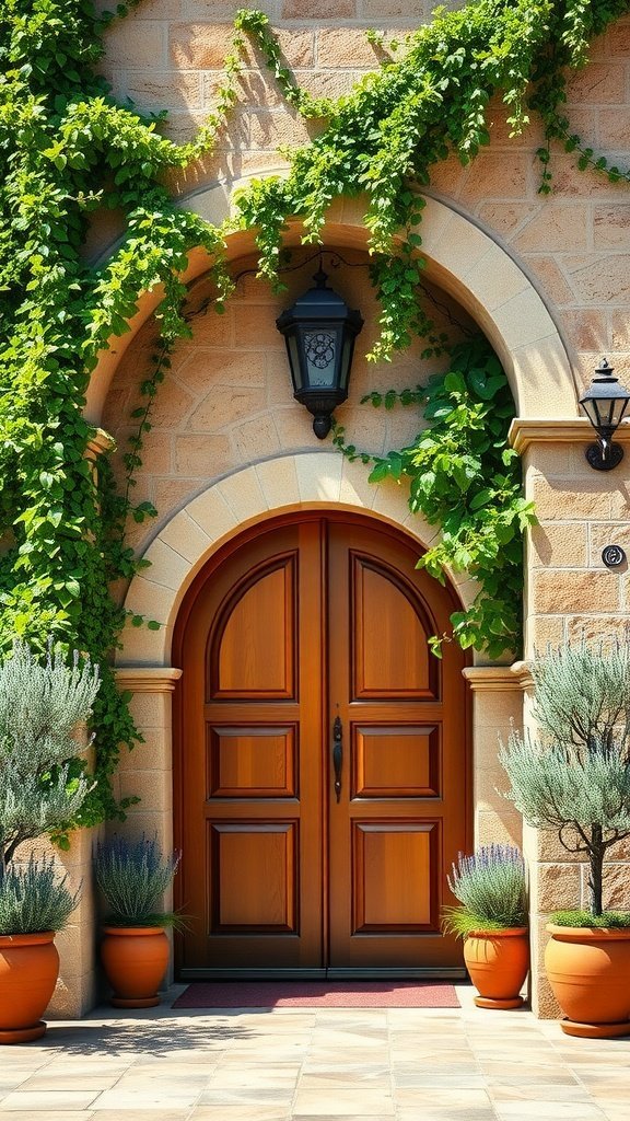Entrada em arco de pedra rústica com portas de madeira e videiras verdes
