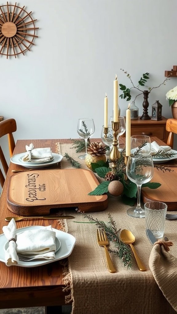 Une table de Hanoukka rustique avec des éléments en bois, des bougies et un décor naturel.