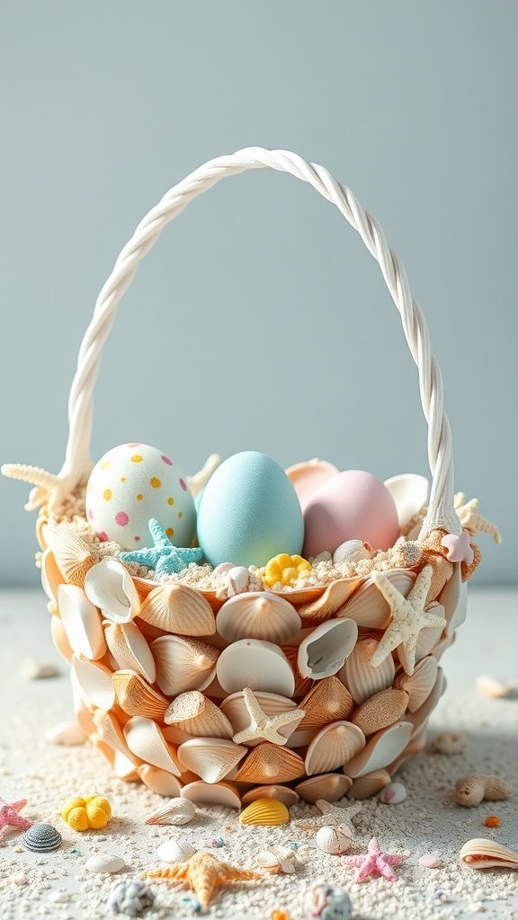 Panier de Pâques décoré de coquillages et d'œufs pastel