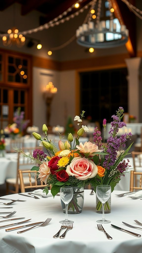 Um arranjo de flores coloridas em um vaso de vidro sobre uma mesa de jantar para uma ocasião festiva.