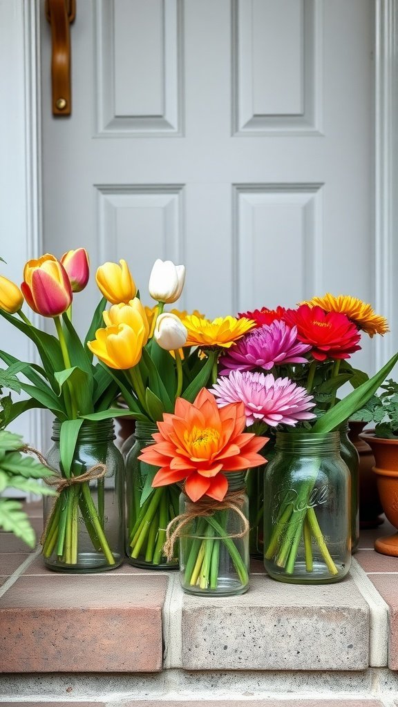 Compositions florales saisonnières colorées dans des pots Mason