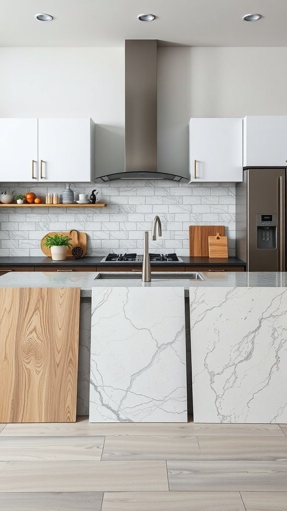 Diferentes materiais de bancada expostos, incluindo madeira e mármore.