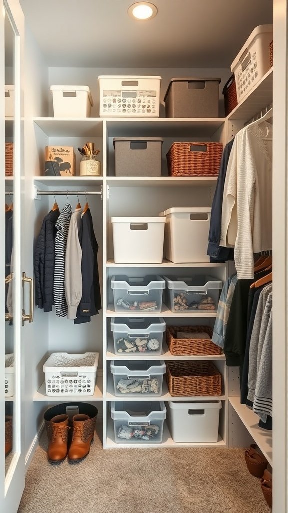 Armário organizado com cestos transparentes, cestos e roupas penduradas com cuidado.