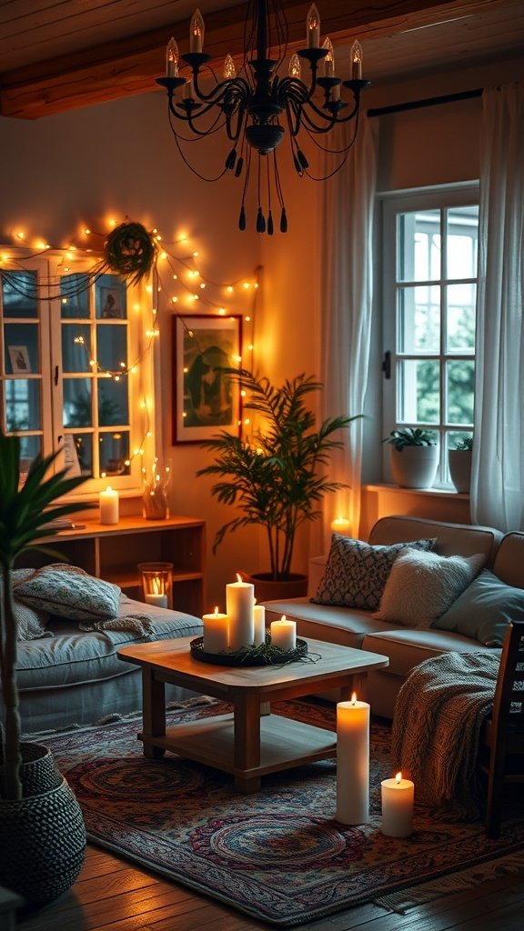Un salon chaleureux avec un éclairage d'ambiance chaleureux, comprenant des guirlandes lumineuses, des bougies et un lustre vintage.